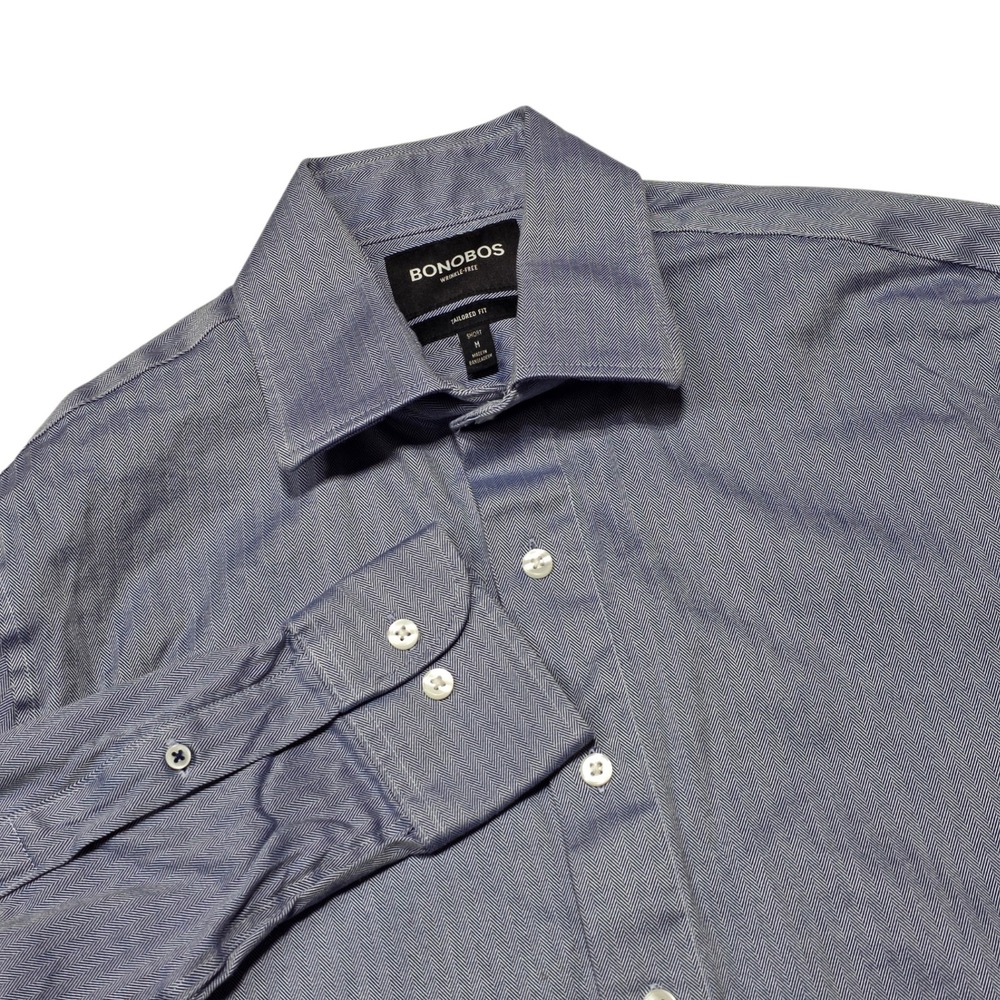 Bonobos Dress Shirt Men M Blue Herringbone Wrinkle-Free Tailored Fit Short‎